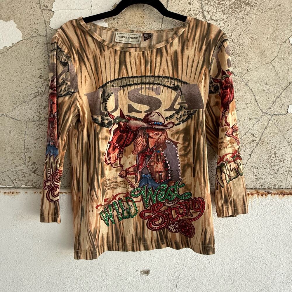 Y2K Wild West Long Sleeve Cowgirl Tee Rodeo USA Vintage Style Size‎ M